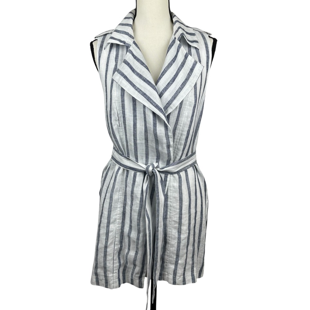 Chico's Women's Vest Size 1 (Medium) Blue White Striped 100% Linen Tie Waist NWT